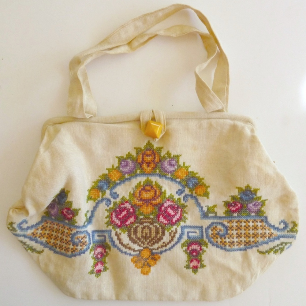 Embroidered Handbag Purse Linen Vintage